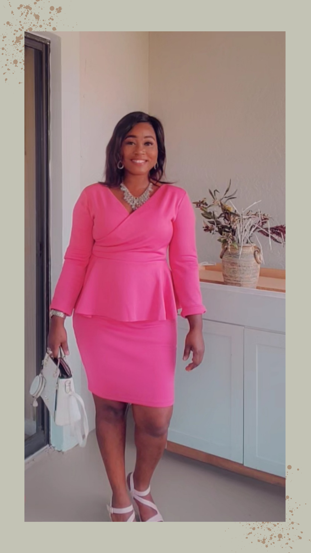 Pink Long sleeve/ peplum pencil Dress