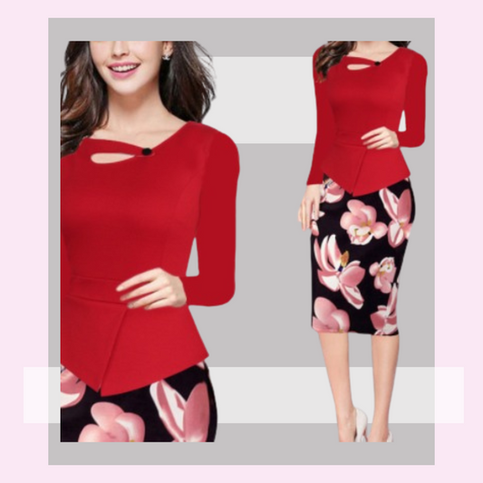 Red Floral Office Dress